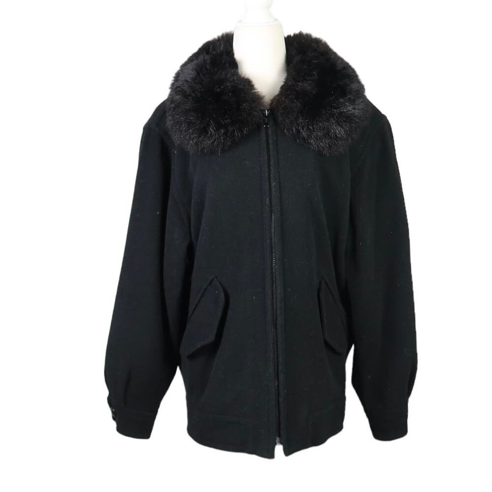 Vintage 80s black cashmere wool zip front jacket opossum fur collar 8